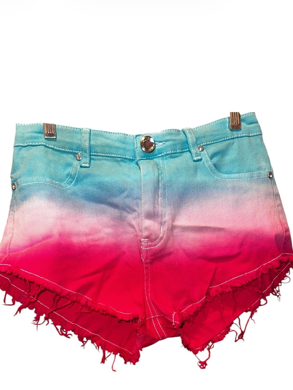 Cupcake Ombre High-Rise Denim Shorts in Turquoise and Pink